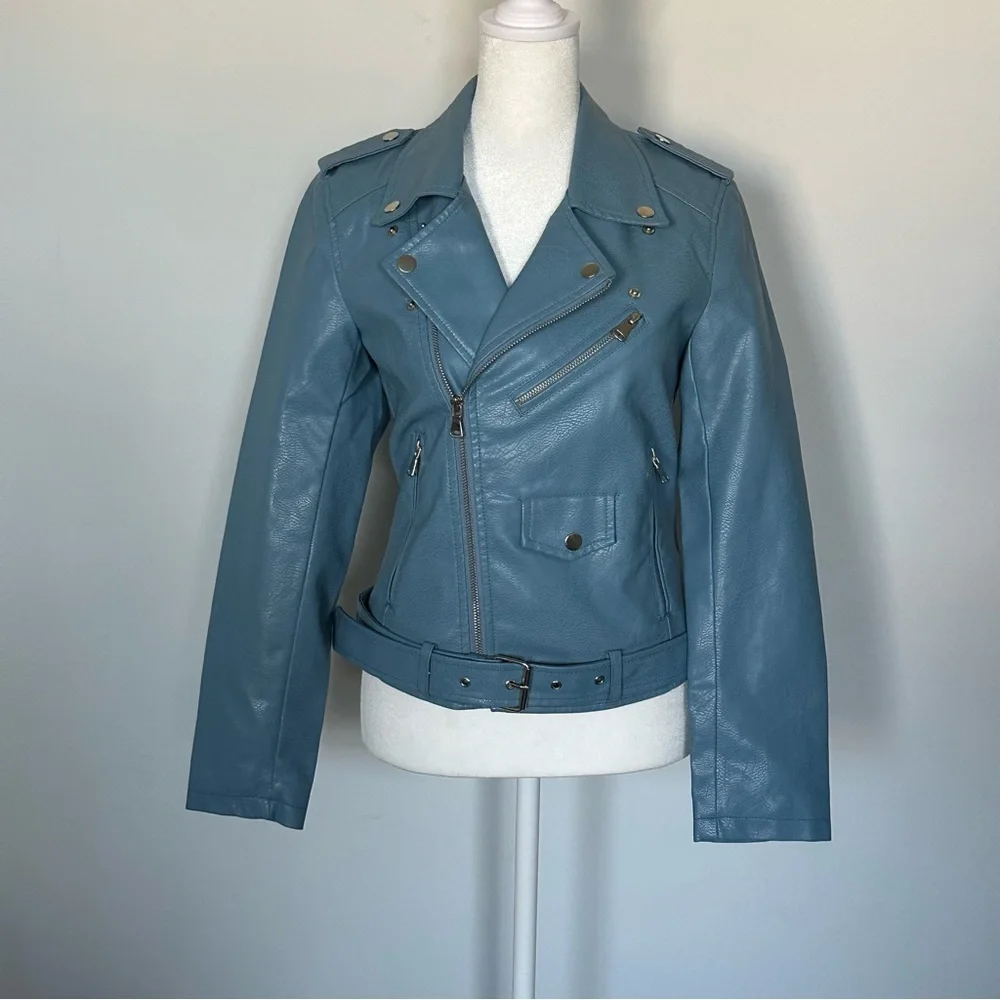 Ly Varey Lin Light Blue Faux Leather Moto Jacket with‎ Belt Women’s Small